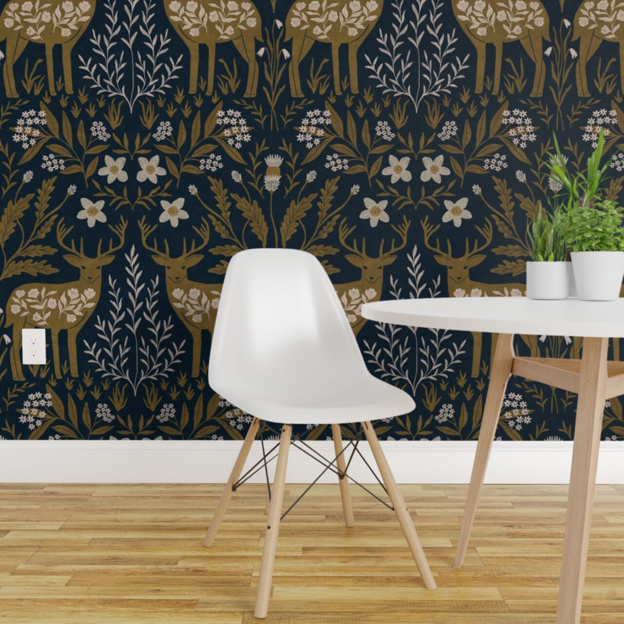 Pre-Pasted Wallpaper 2FT Wide Autumn Deer Scandi Woodland Lodge Hunter Cabincore Cottagecore Rustic Farmhouse Modern Farmhouse Folk Art Buck Antlers Hunt Deer Hunt Floral Custom Pre-pasted Wallpaper by Spoonflower